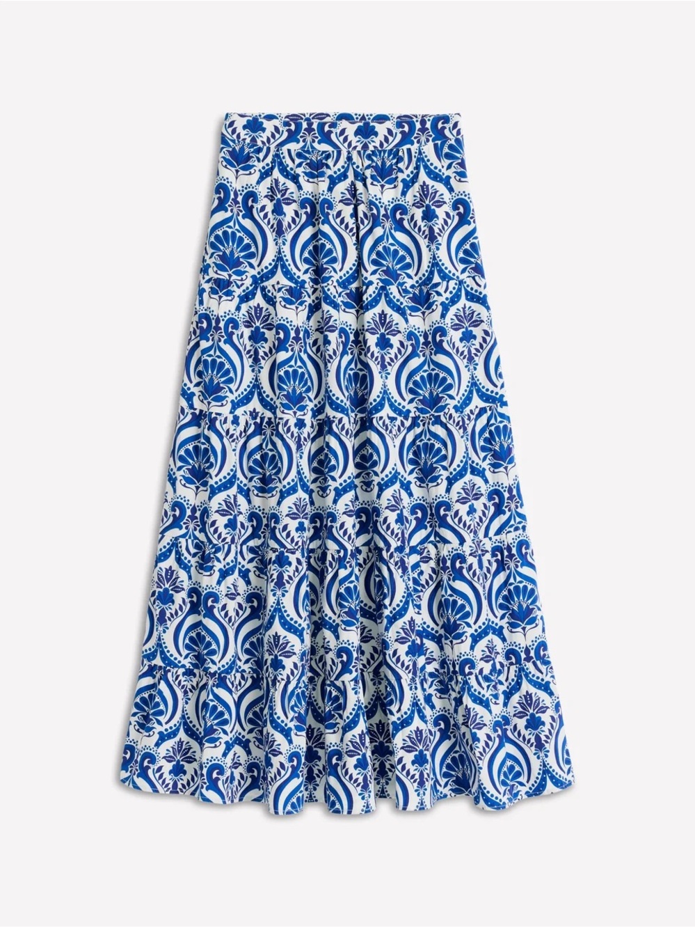 Boden Blue and White Printed Tiered Maxi Skirt